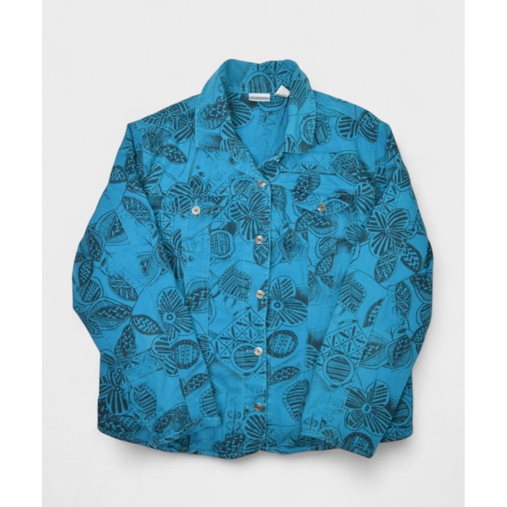 Chicos Jacket Womens Large 3 Blue Denim Floral Print Button Front Collar Cotton
